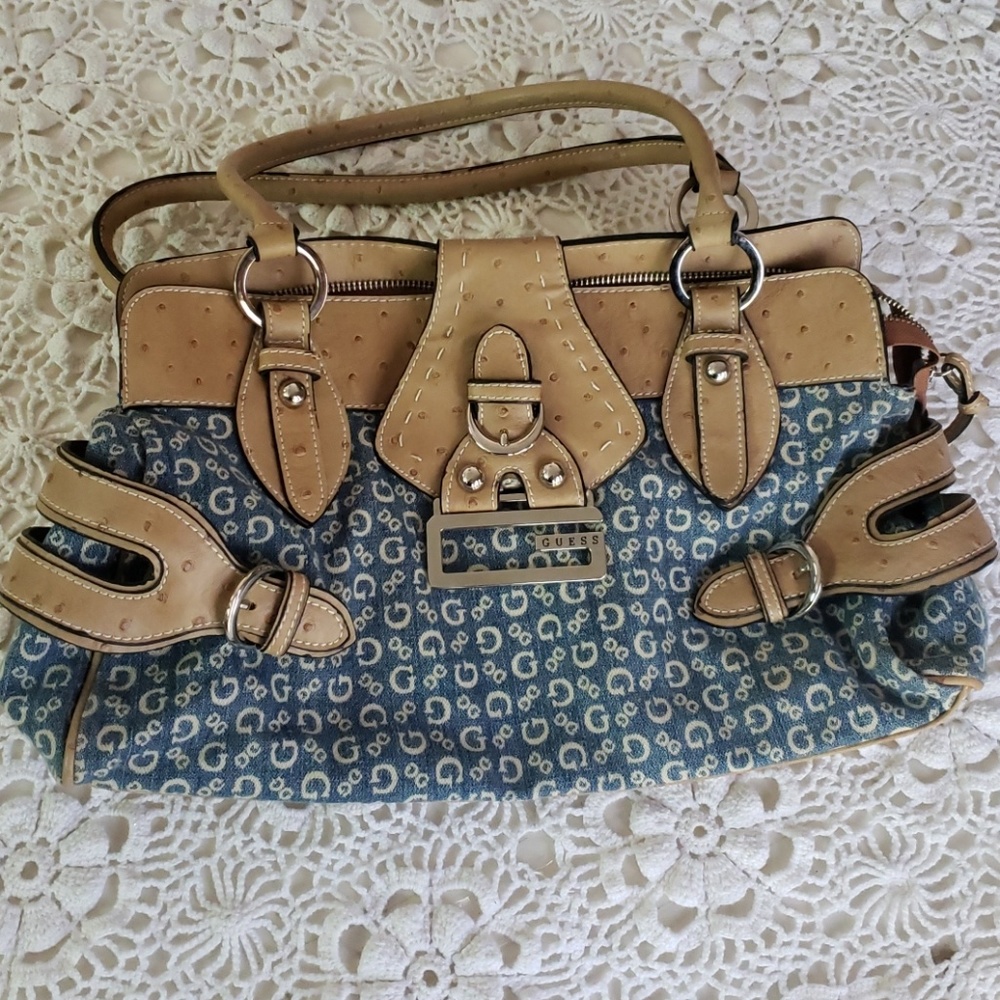 Beautiful GUESS logo bag/purse. Denim/tan leather